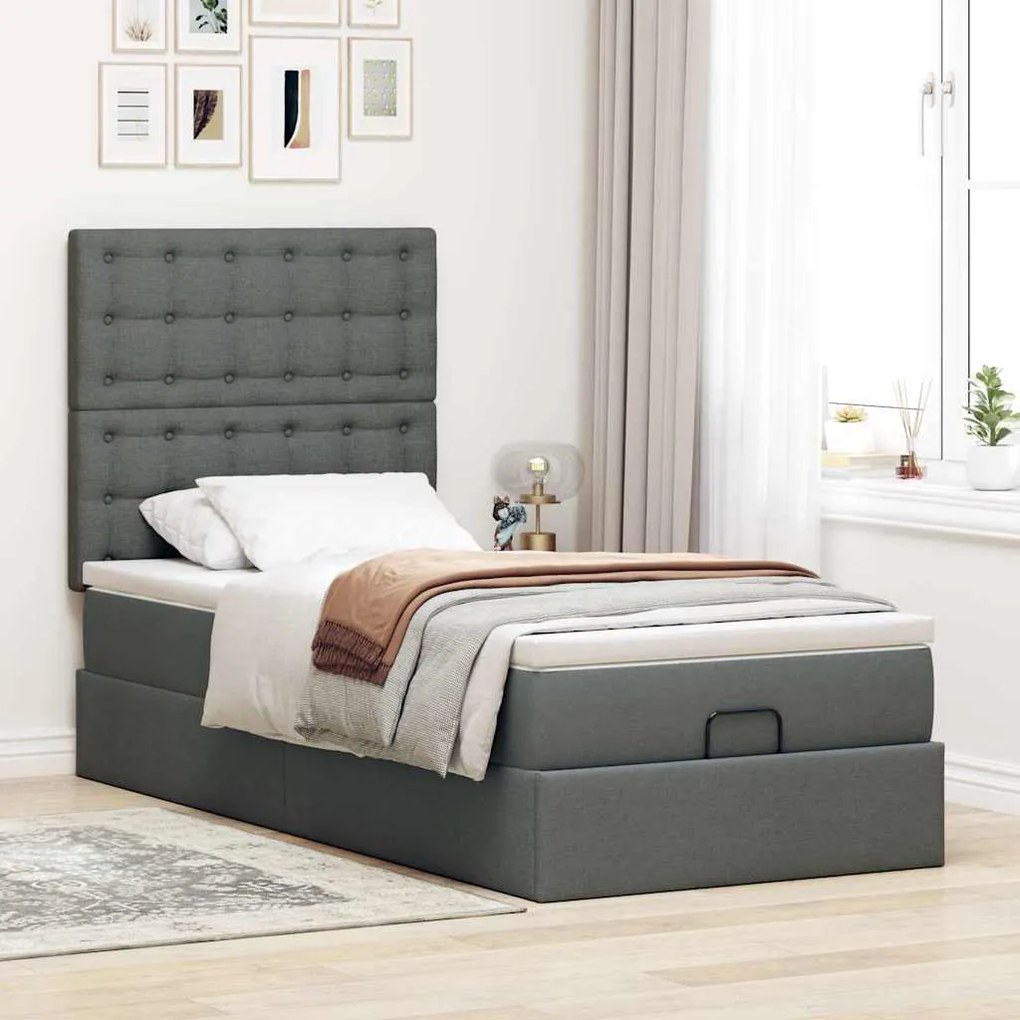 Estrutura cama otomana colchão 90x190 cm tecido cinzento escuro