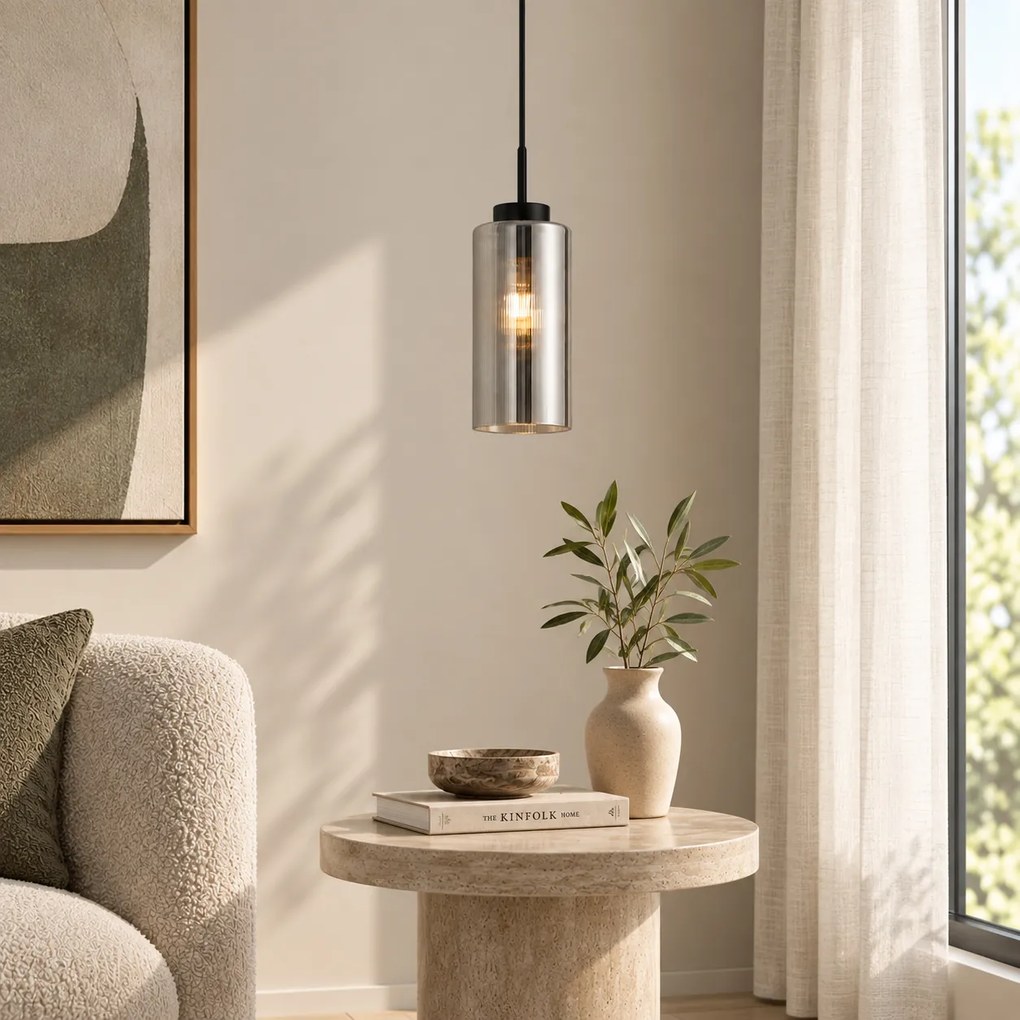 Candeeiro pendente Art Deco preto com vidro fumê para sistema de calha monofásico - Iconic Laura