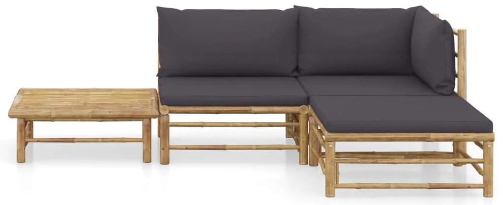 4 pcs conj. lounge jardim em bambu c/ almofadões cinza-escuro
