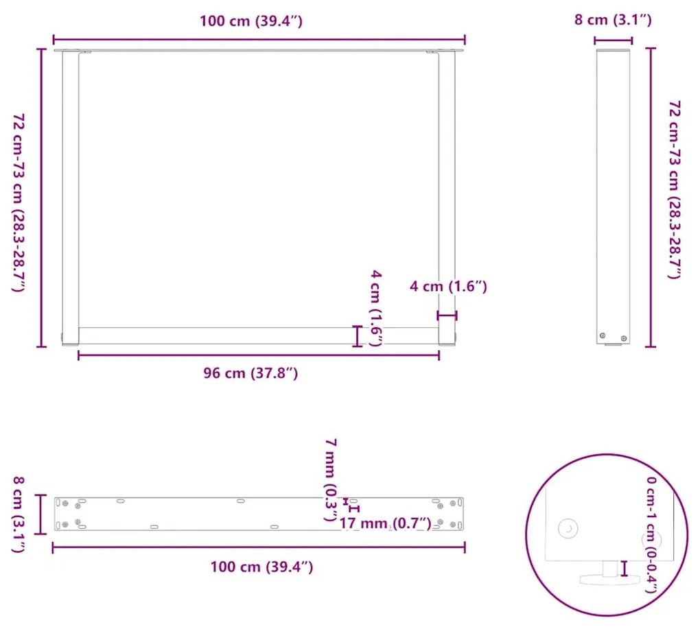 Pés para mesa de jantar em formato de U, 2 peças, antracite, 100x(72-7