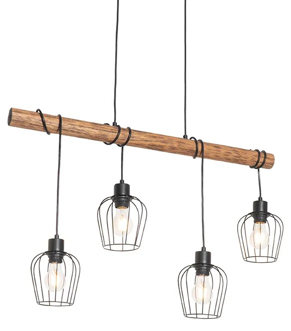 LED Candeeiro de suspensão inteligente preto com madeira incl. 4 Wifi A60 - Stronk Rústico