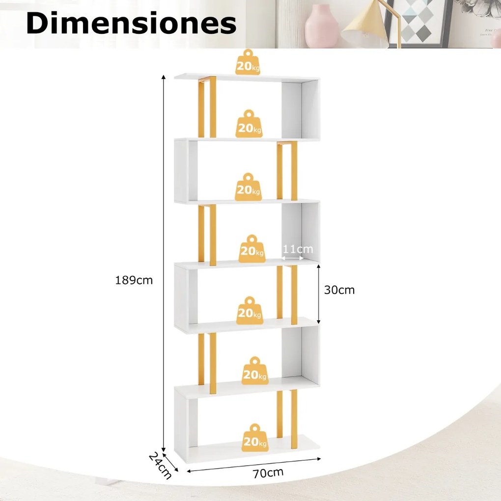 Estante geométrica em forma de S de 6 níveis 70 x 24 x 189 cm com estrutura metálica moderna Branco + Dourado