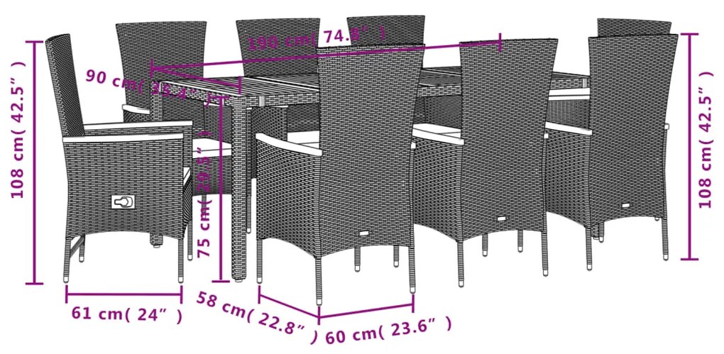9 pcs conjunto de jantar p/ jardim c/ almofadões vime PE preto