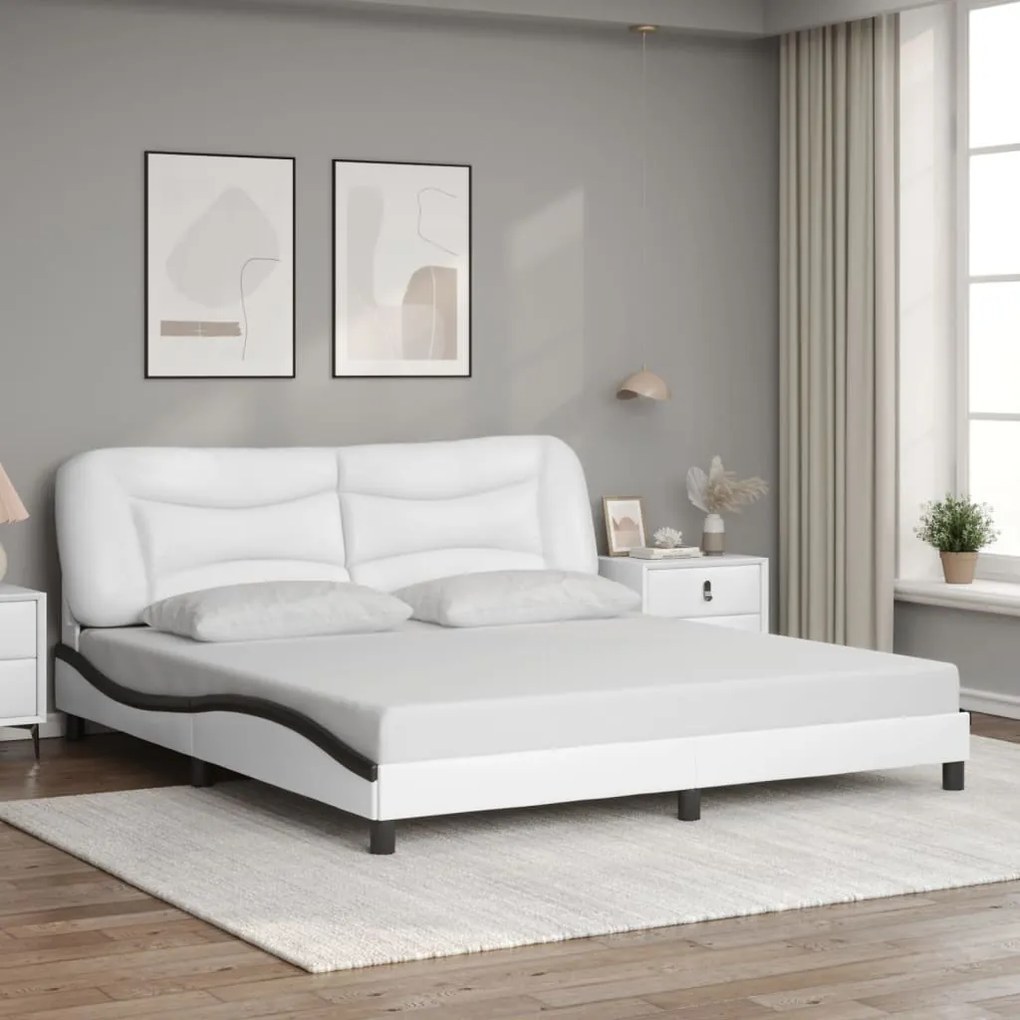 Estrutura de cama c/ cabeceira couro artificial branco e preto