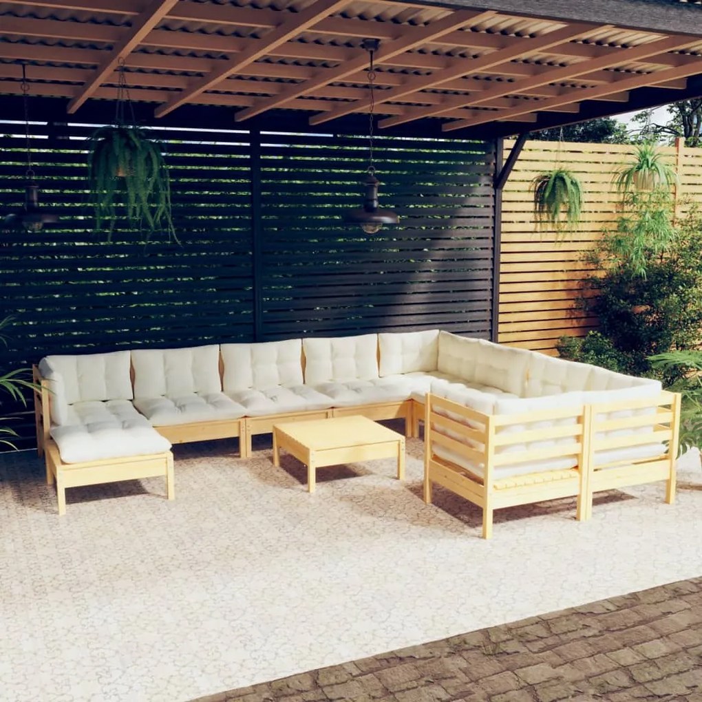 vidaXL 11 pcs conjunto lounge de jardim c/ almofadões cor creme pinho