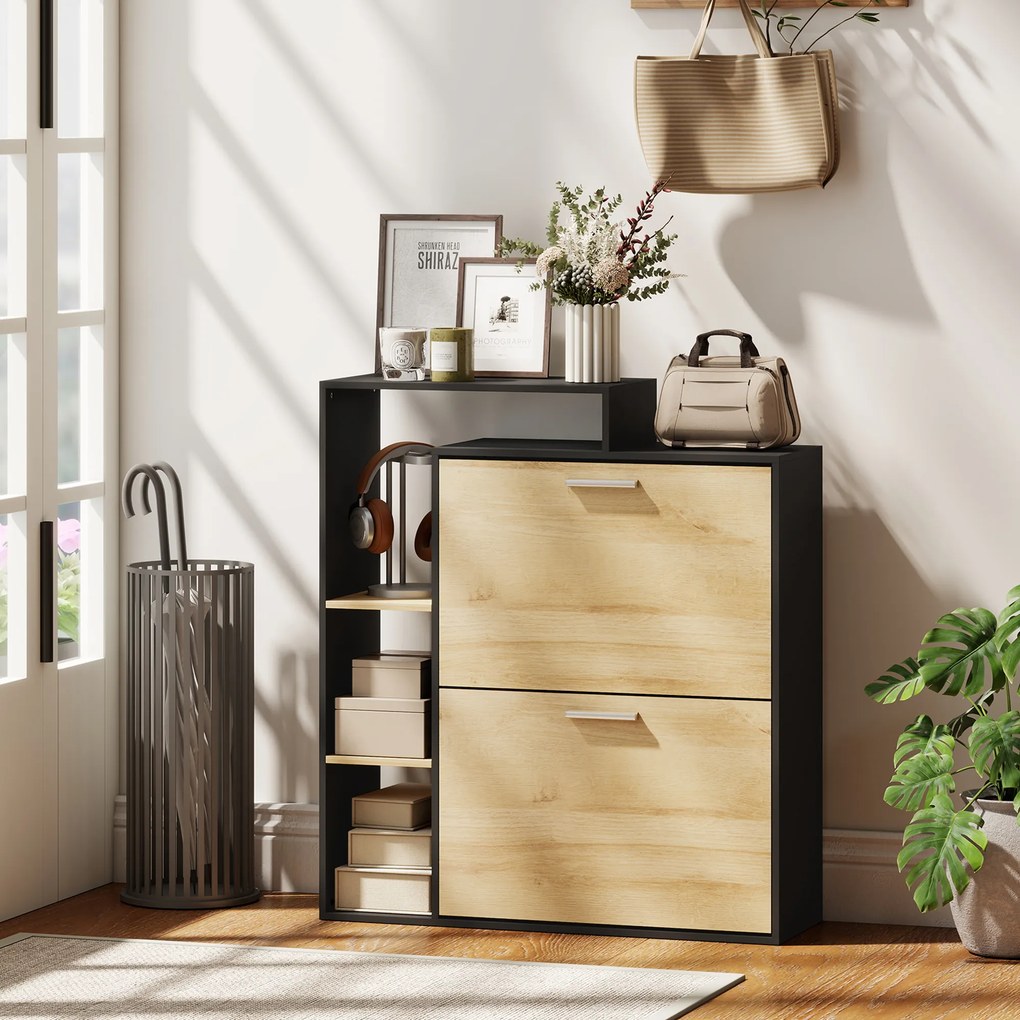 Sapateira com capacidade para 8 pares 80 x 26 x 90 cm, estreita com 2 gavetas rebatíveis, 3 compartimentos abertos, preto, efeito madeira natural