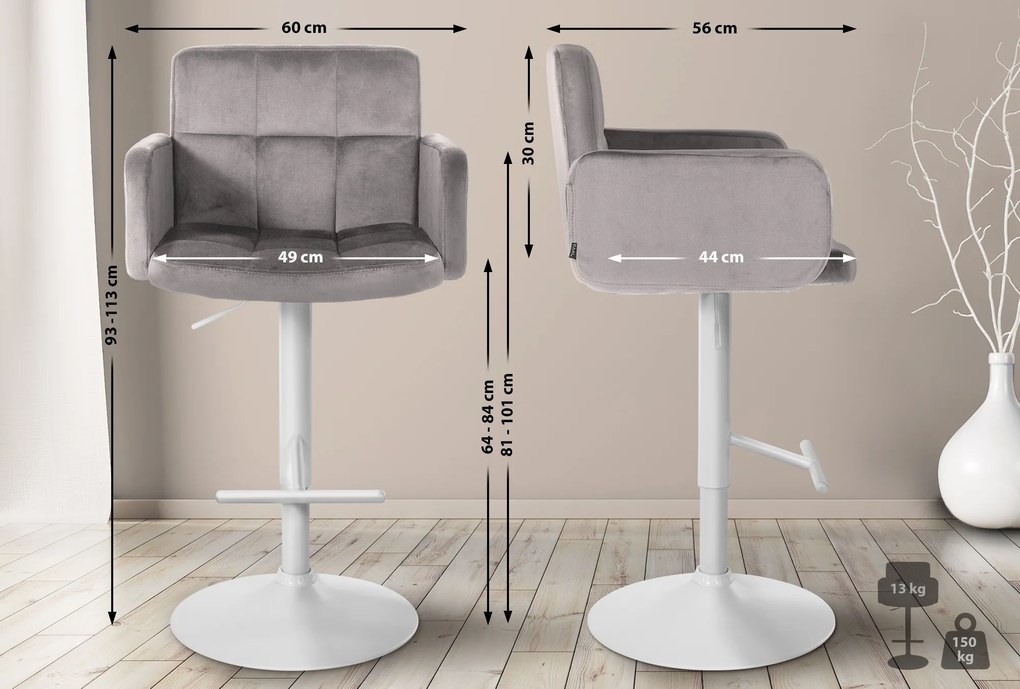 Banco de bar Los Angeles em veludo com estrutura branca 93-113 x 60 x 56 cm Cinzento