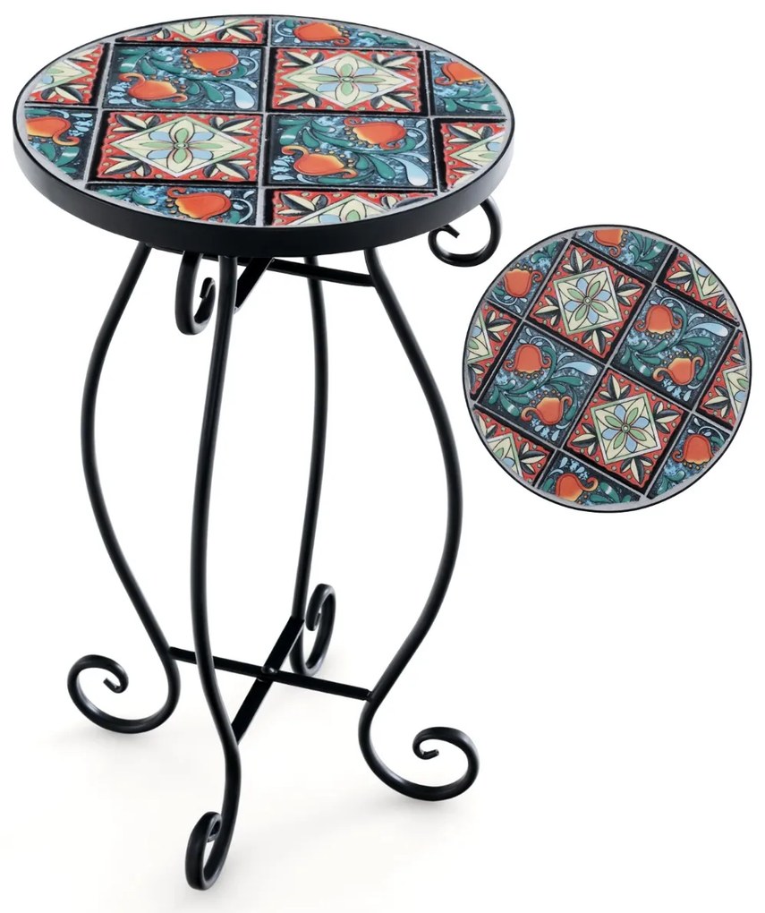 Mesa auxiliar de jardim em mosaico 30 x 50 cm (diâmetro x altura) com tampo em azulejos de cerâmica para varanda e jardim Preto