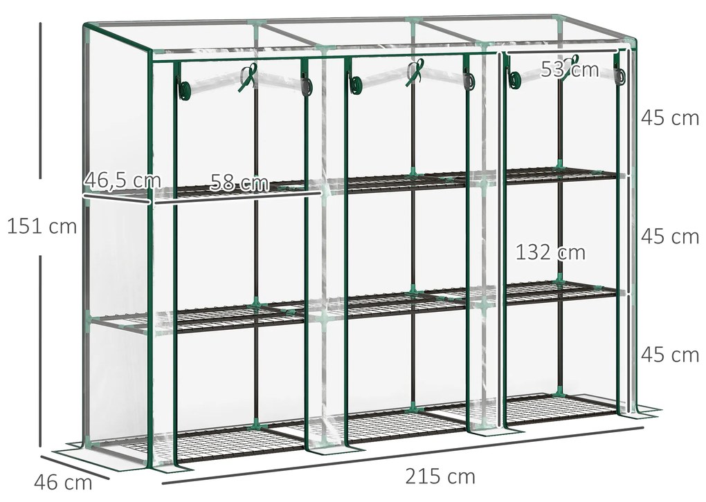 Estufa Pequena com Prateleiras de 3 Níveis Portas com Fecho de Correr Estufa para Cultivar 215x46x151 cm Transparente