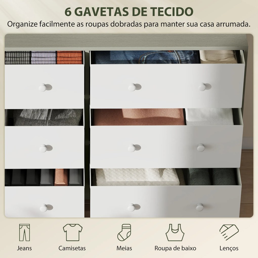 Cómoda com 6 Gavetas de Tecido Cómoda para Quarto Estrutura de Aço e MDF 114x30x70 cm Branco e Cinza