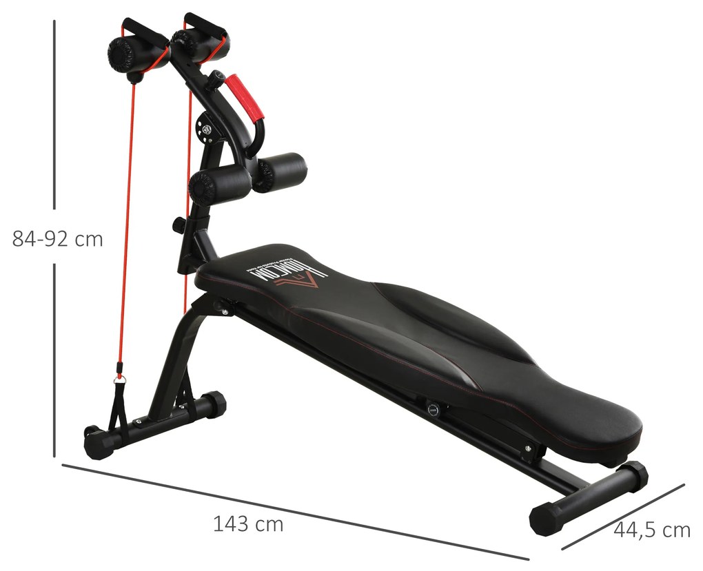 HOMCOM Banco de Abdominais Dobrável com Altura Ajustável 4 Ângulos Suporte para Pernas Ergonómico Multifuncional Banco de Exercícios 44,5x143x84-92 cm Preto