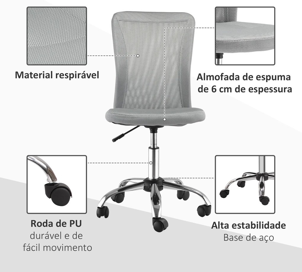 Cadeira de Escritório de Malha Giratória sem Apoio para os Braços com Altura Ajustável Carga 43x58x90-100 cm Cinza