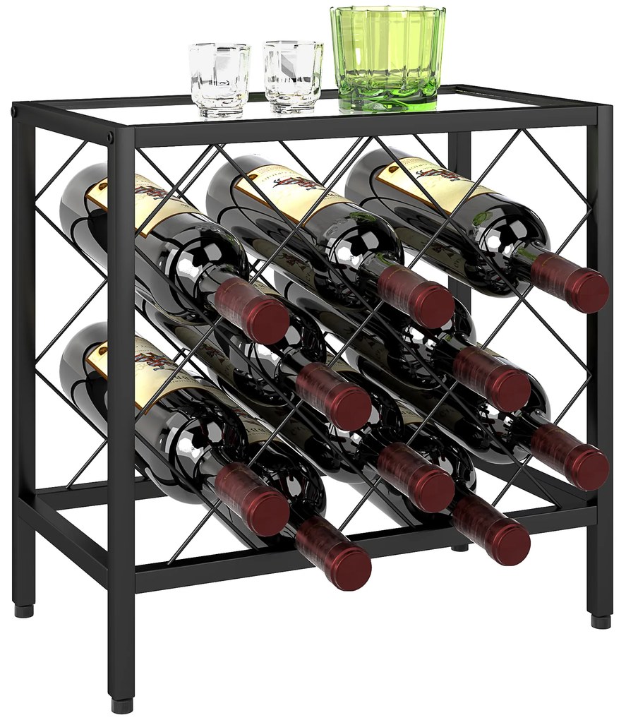 HOMCOM Suporte para Garrafas de Vinho para 10 Garrafas Suporte com Bancada de Vidro Temperado e Estrutura de Aço 41x22x41 cm Preto