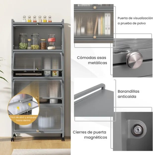 Armario de cozinha de 5 níveis sobre rodas Estante de cozinha de 5 níveis com portas articuladas 60 x 32 x 154 cm Cinzento