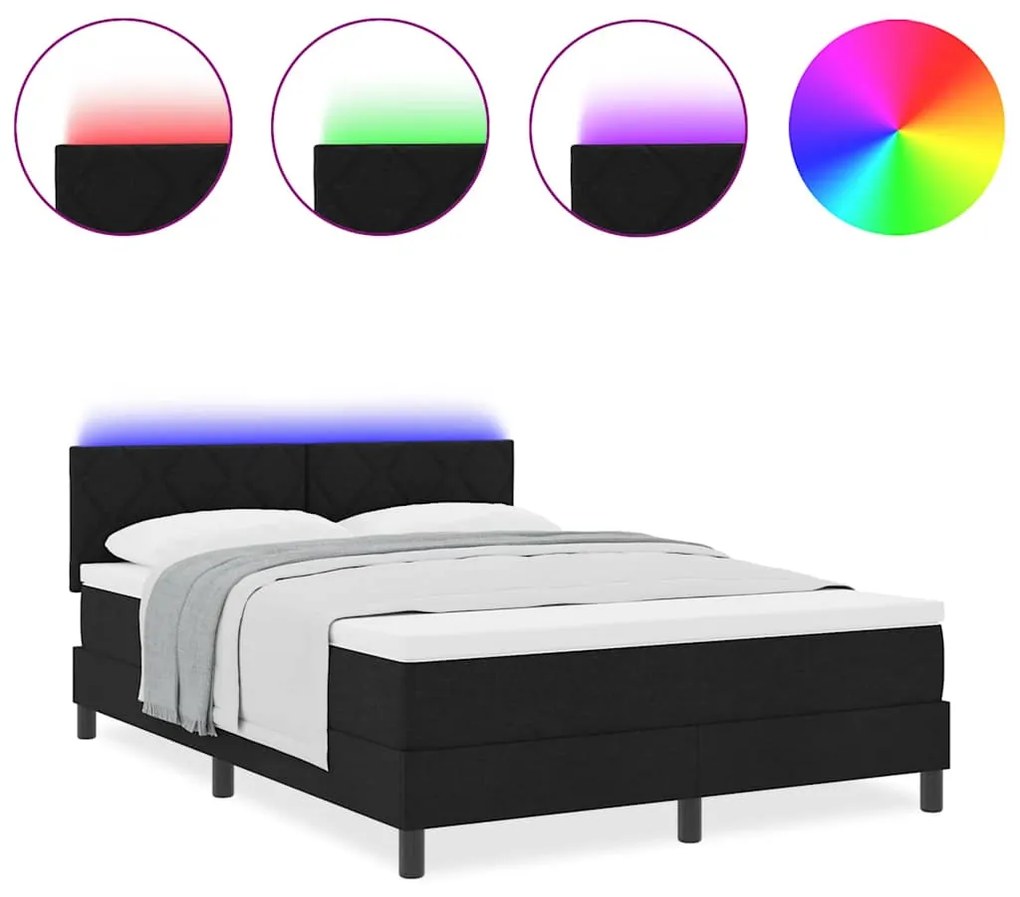 Cama Box Spring com Colchão &amp; Luz LED Preta 140x190 cm Tecido
