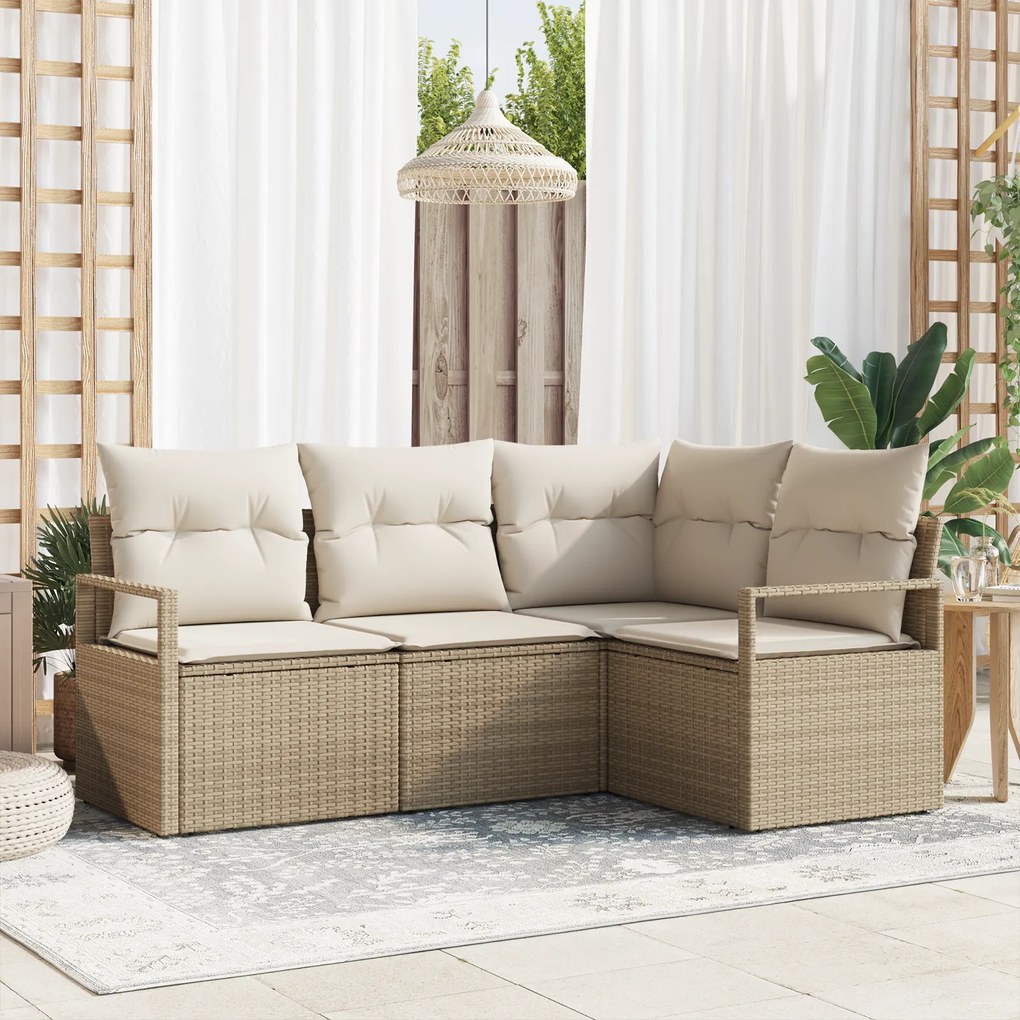 vidaXL Conjunto de Sofá de Jardim de 4 Peças com Almofadas Bege Rattan Sintético