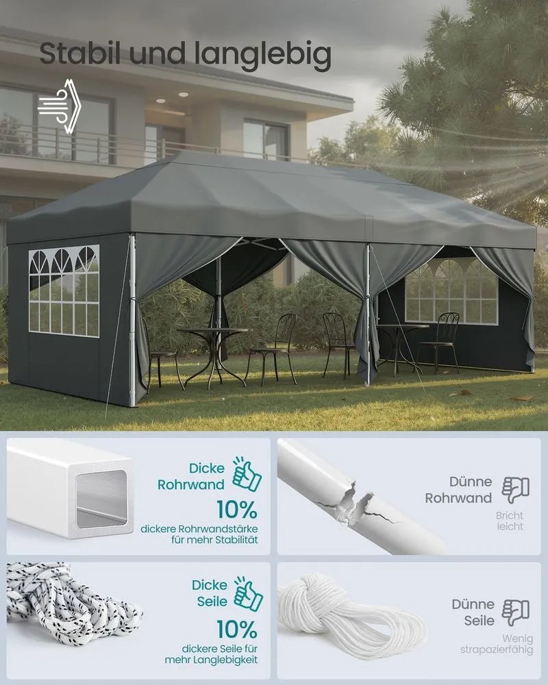 Tenda dobrável de 3 x 6 m para jardim e festas, com 6 paredes laterais, cinzento escuro