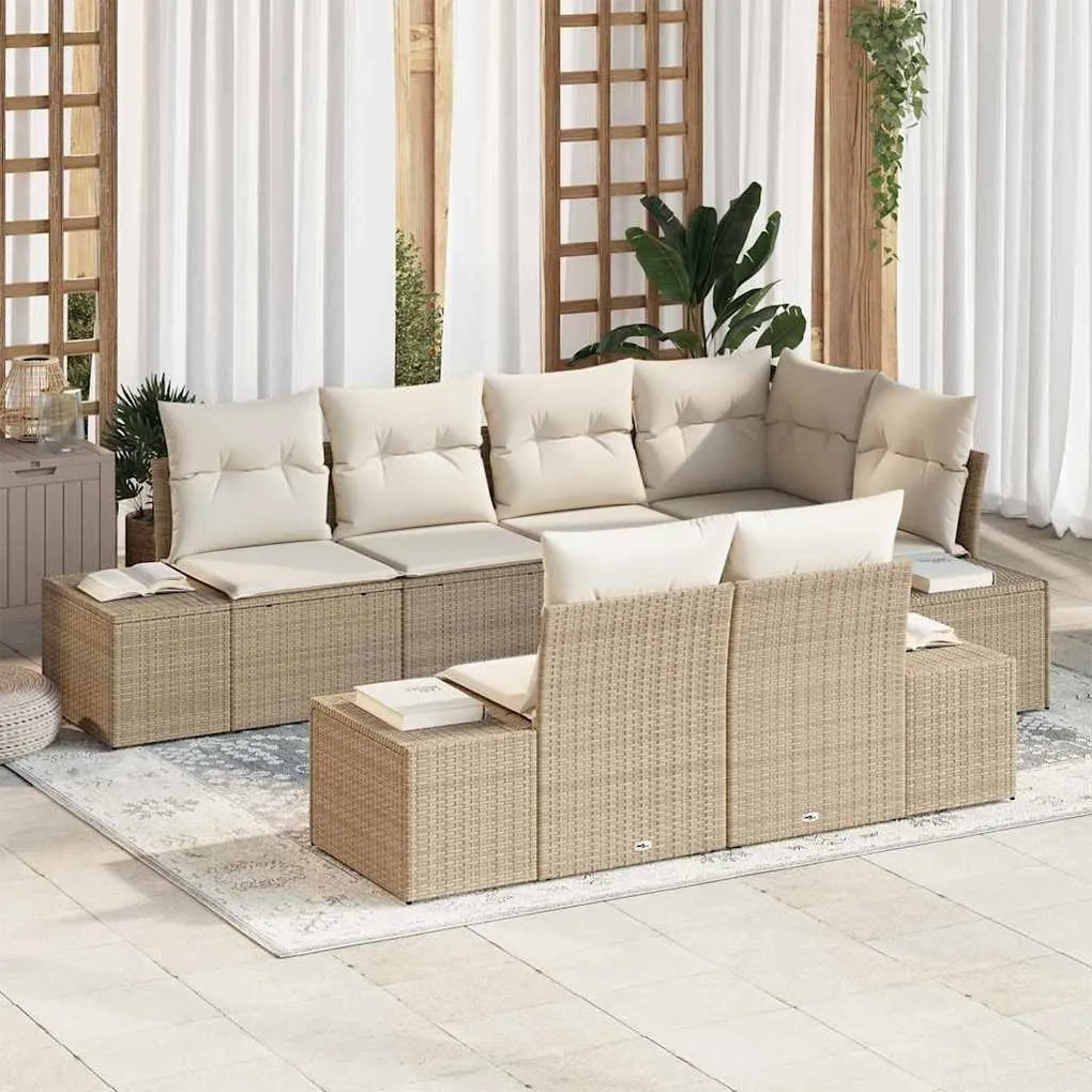 Conjunto de Sofás de Jardim de 7 Peças com Almofadas Bege em Rattan Po