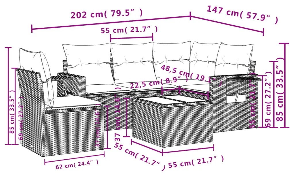 6 pcs conjunto de sofás p/ jardim com almofadões vime PE bege