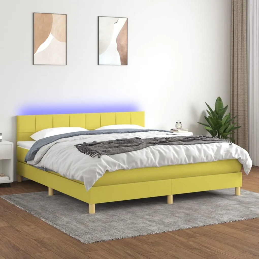 vidaXL Cama box spring c/ colchão e LED 160x200 cm tecido verde