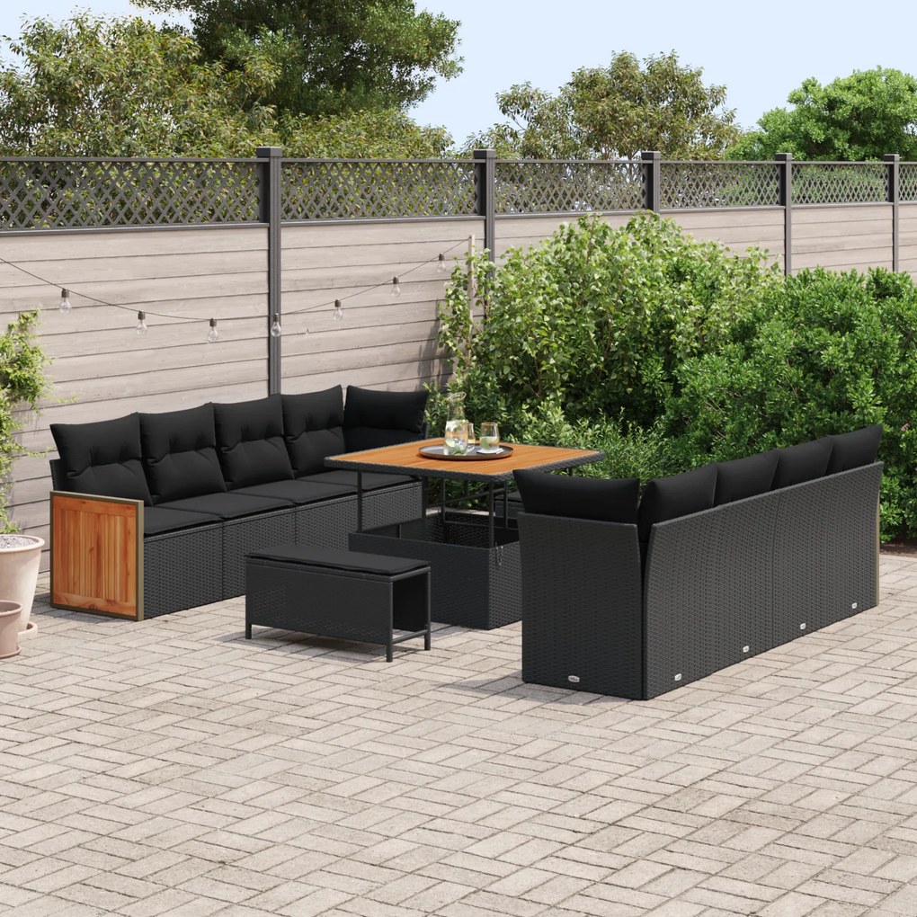 Conjunto de Sofá de Jardim vidaXL com 11 Peças e Almofadas Preto Vime