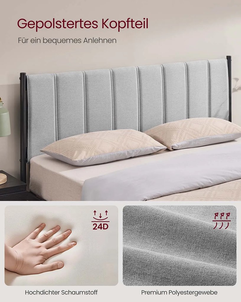 Estrutura de cama de casal 207 x 161,5 x 104 cm (COLHÃO NÃO INCLUIDO) com base em aço cinzento