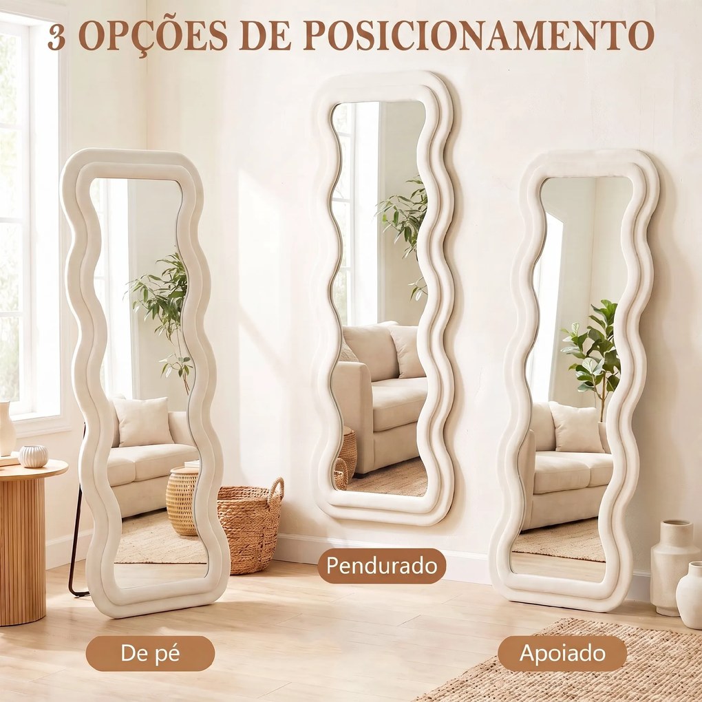 Espelho de Corpo Inteiro 160x60 cm com Moldura Ondulada Aveludada, de Pé, Apoiado e de Parede, Creme