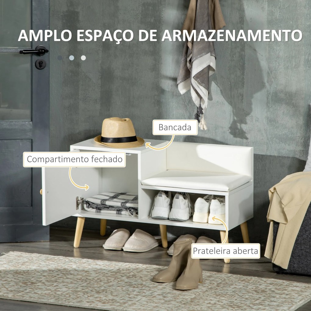 Banco Sapateiro com Compartimento Aberto e Almofada Acolchoada para 4 Pares de Sapatos para Entrada Corredor 80x33x49cm Branco