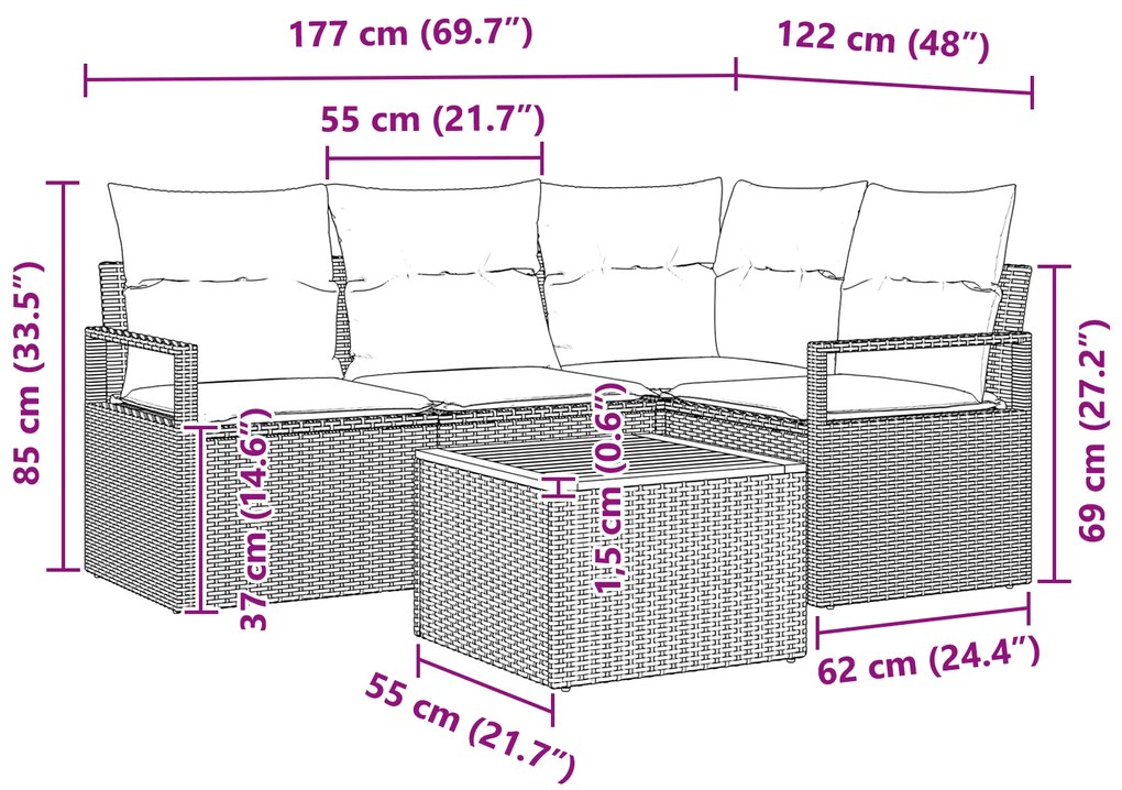 Conjunto de Sofá de Jardim com 5 Peças e Almofadas Preto Rattan Poliés