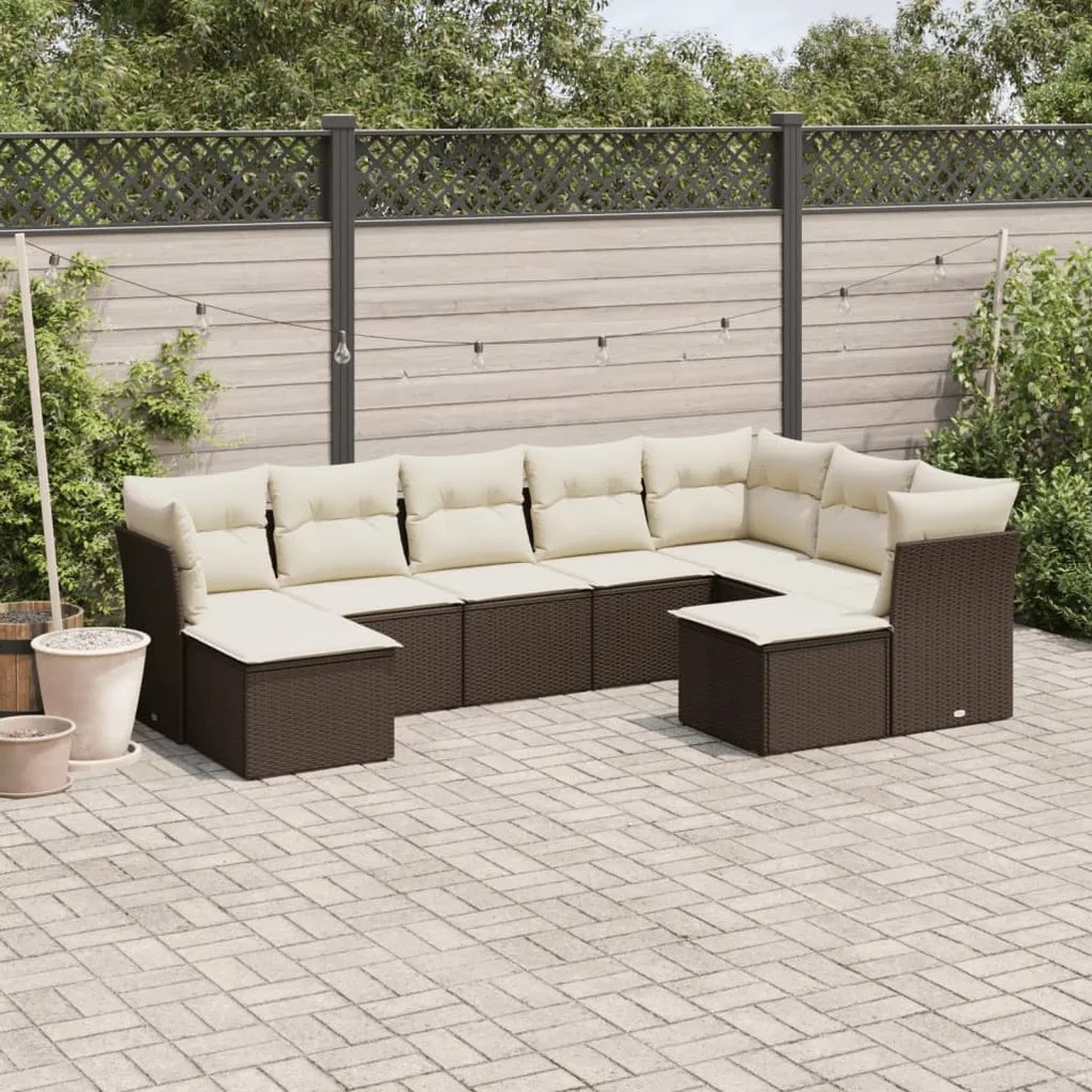 9 pcs conjunto sofás p/ jardim c/ almofadões vime PE castanho