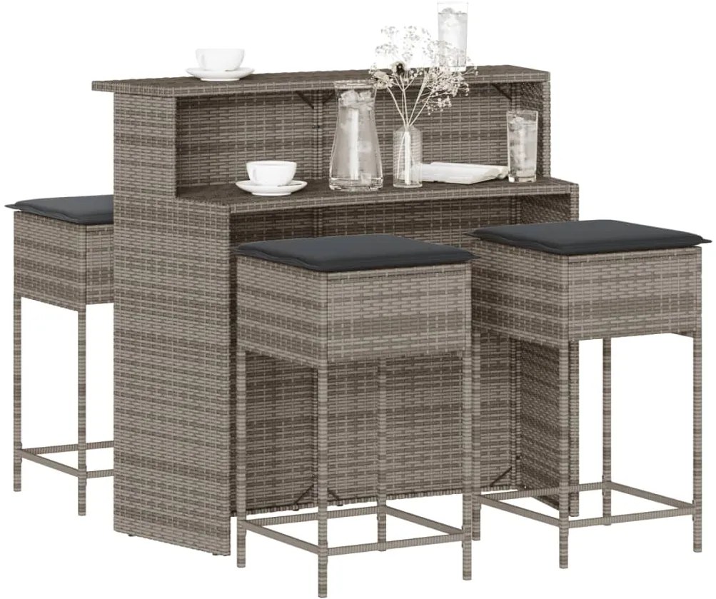 vidaXL 5 pcs conjunto de bar p/ jardim c/ almofadões vime PE cinzento
