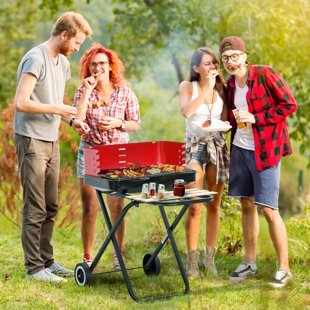 Outsunny Churrasqueira a carvão portátil e dobrável com 2 rodas Churrasqueira com Altura Ajustável para Camping Picnic Beach 57x64x83 cm Vermelho e Preto