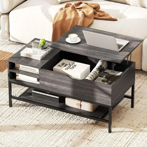 Mesa de centro elevatória 99,5 x 49,5 x 47,5 cm com compartimento oculto em madeira com prateleira de arrumação cinzenta