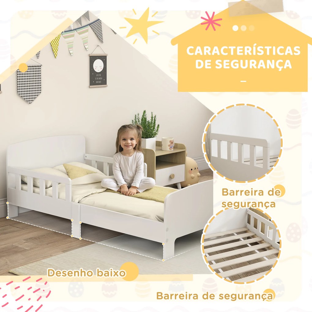 Cama para Crianças 70x140 cm Cama Infantil com Barreira Anticaídas e Estrado para Meninos e Meninas de 3-8 Anos branca