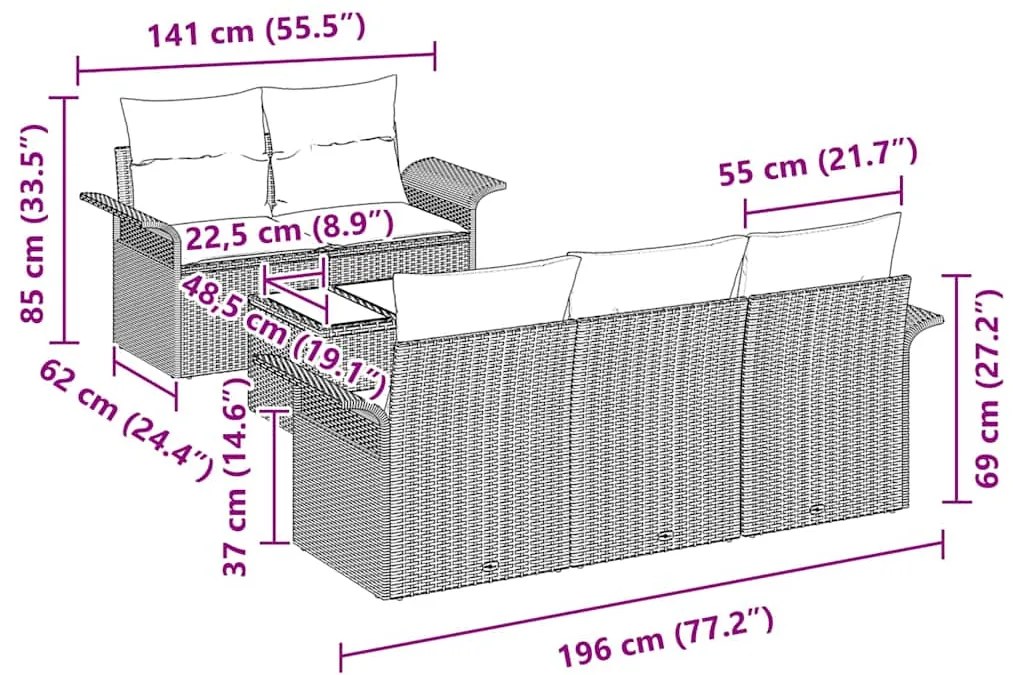 Conjunto de Sofá de Jardim de 6 Peças com Almofadas Bege Rattan Sintét
