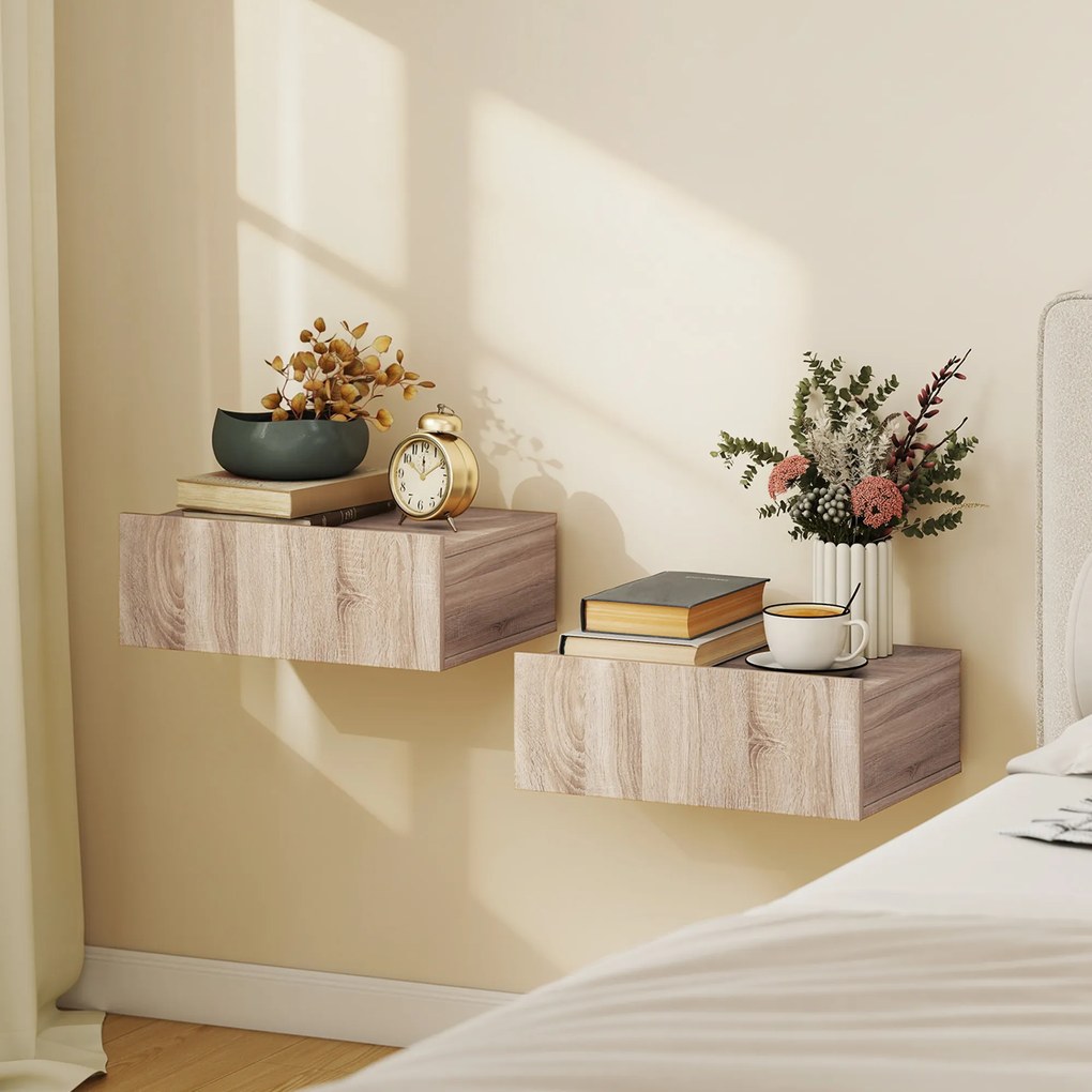 Conjunto de 2 Mesas de Cabeceira Flutuantes com 1 Gaveta para Quarto 40x30x15 cm Carvalho