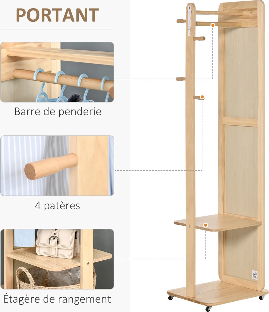 Espelho de pé com rodas 40 (L) x 44,5 (P) x 170 (A) cm Com cabides, 4 ganchos e prateleira em MDF com acabamento em madeira clara