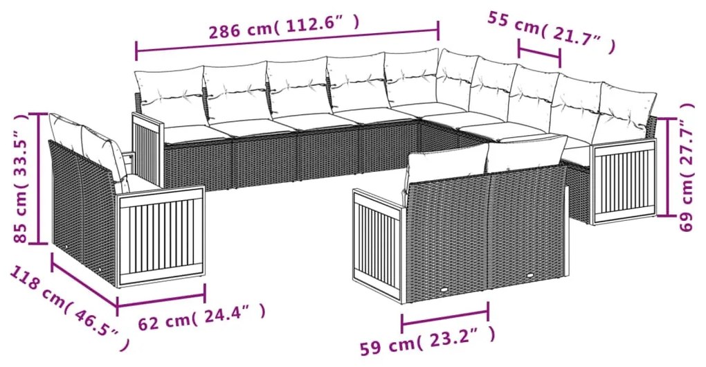 13 pcs conjunto de sofás p/ jardim com almofadões vime PE bege