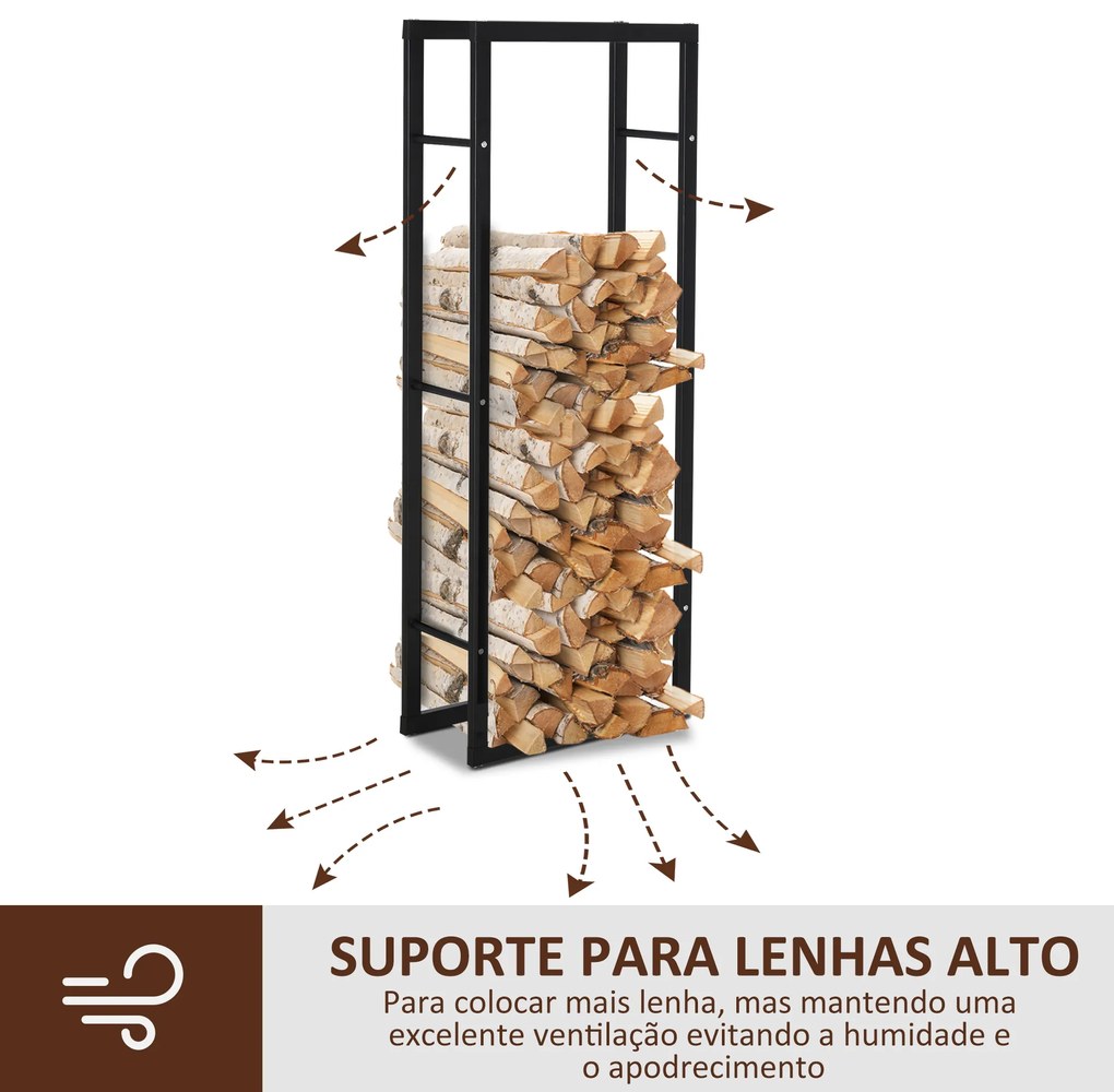 Suporte para Lenha de Metal Porta Lenha Metálico para Interior e Exterior Carga Máxima 100 kg 40x25x150 cm Preto