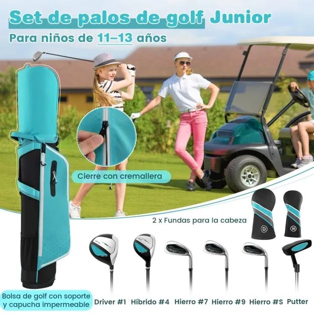 Conjunto de tacos de golfe para crianças dos 11 aos 13 anos, incluindo saco de apoio com capuz para chuva Driver n.º 1 Híbrido n.º 5 Ferros e Putter n