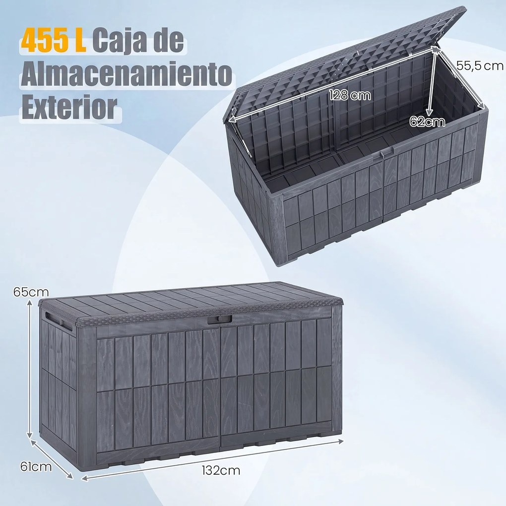 Baú de Arrumação de Exterior, 132 x 61 x 65 cm, Capacidade de 455 L, Cinzento