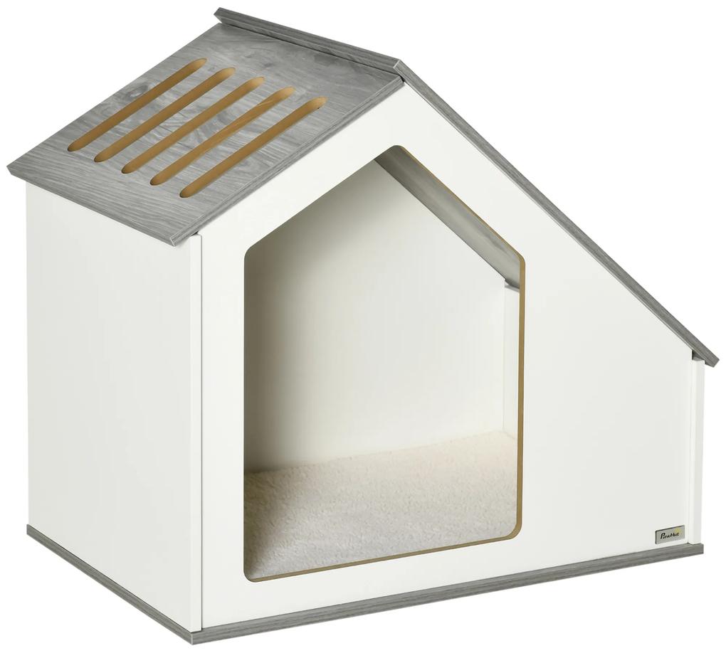 PawHut Casa de Madeira para Cães de Interior Casa para Animais de Estimação com Almofada Removível e Lavável 84,5x54,5x75 cm Branco | Aosom Portugal