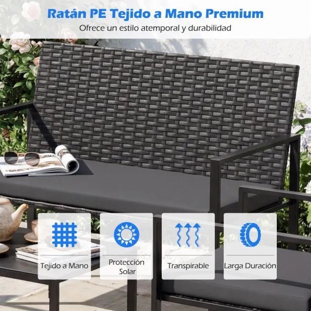 Conjunto de jardim de 4 peças em rattan para exterior: cadeiras, sofá, mesa de centro em vidro temperado e almofadas macias; ideal para jardim, alpend