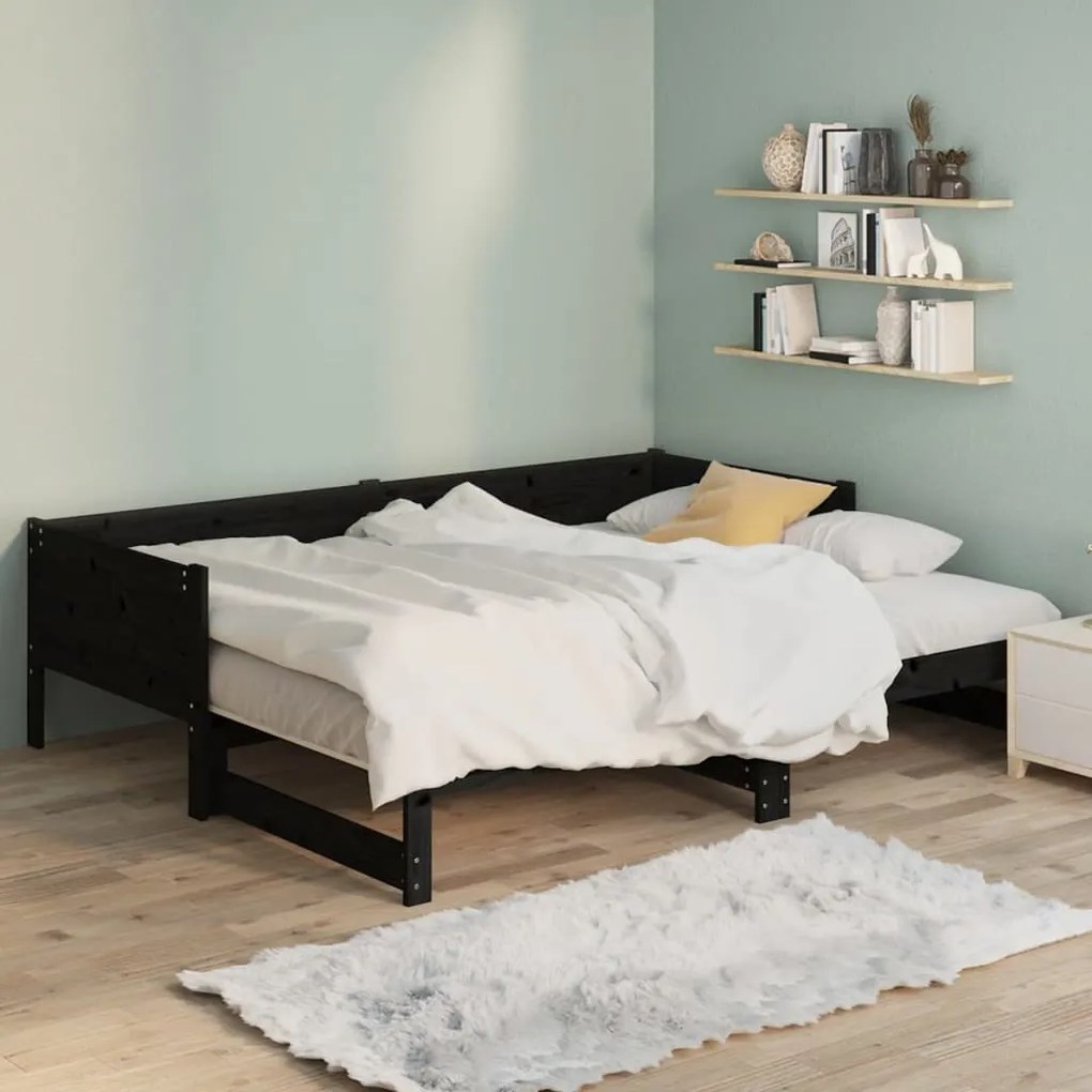 Estrutura sofá-cama de puxar pinho maciço preto 2x(90x190) cm