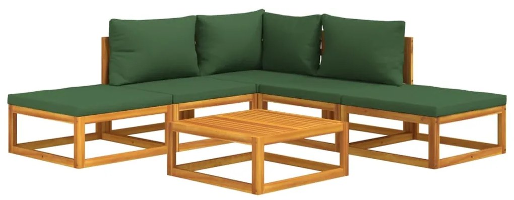 6 pcs conj. lounge jardim madeira c/almofadões verdes