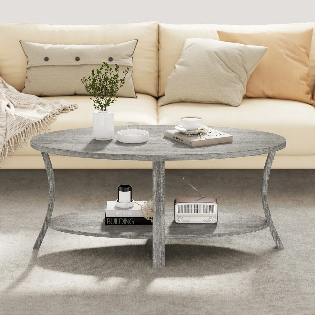 Mesa de Centro Oval 2 níveis 111 x 60,5 x 47 cm com prateleira de armazenamento cinzento