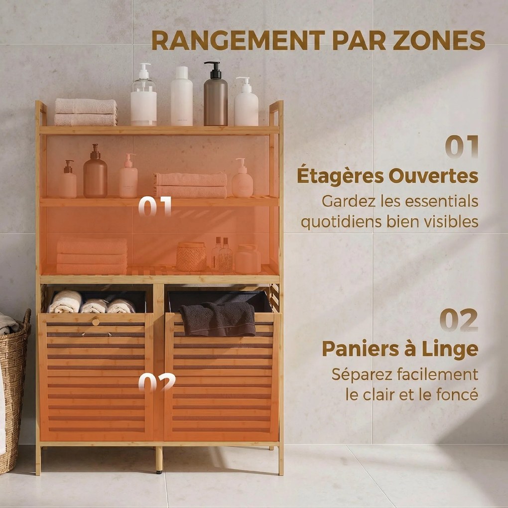 Móvel de casa de banho 80 L x 30 P x 118 A cm com cesto de roupa suja em bambu, com 2 cestos amovíveis e prateleiras de 3 níveis, em cor carvalho