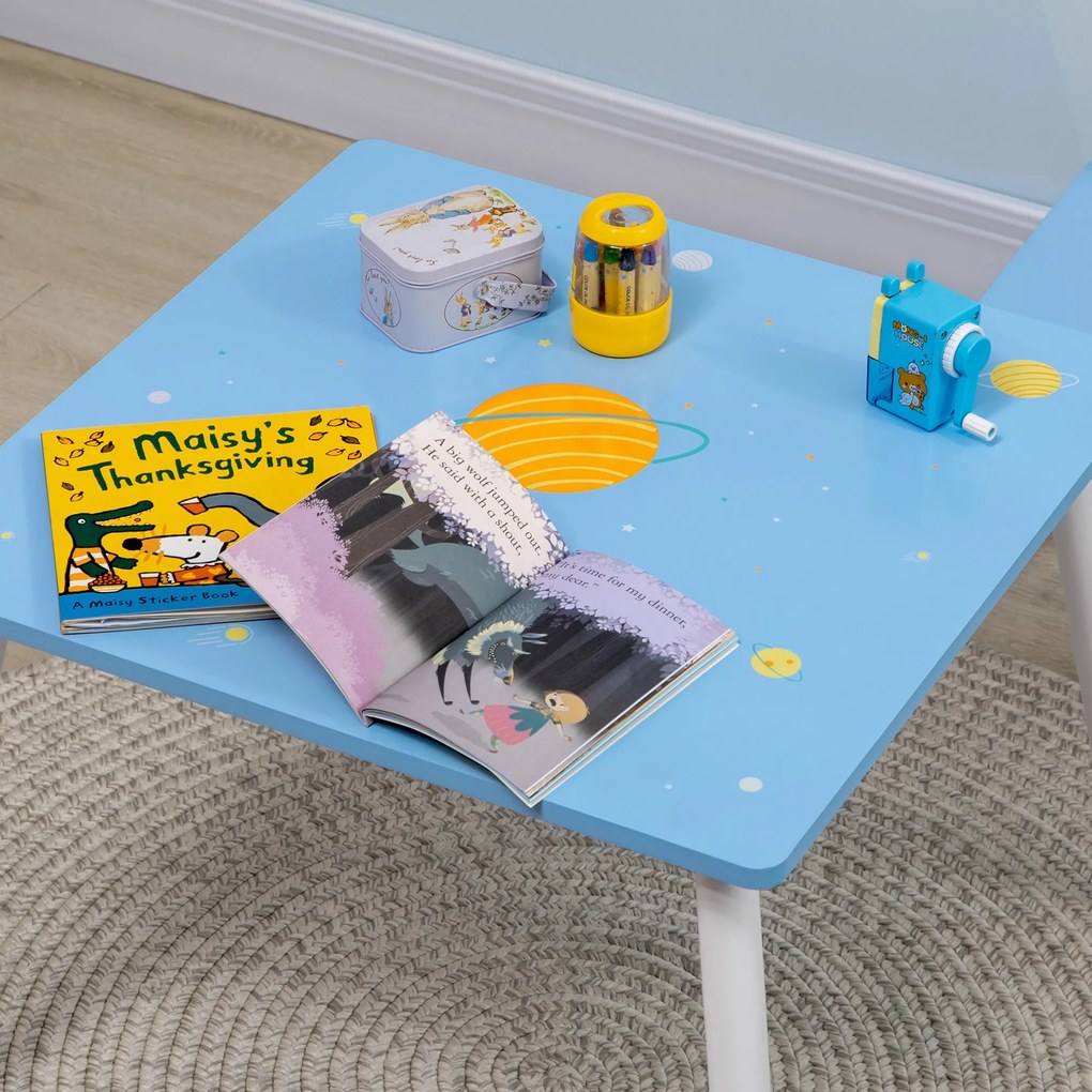 ZONEKIZ Conjunto de Mesa e 2 Cadeiras Infantil Mesa Infantil Móveis de Madeira Crianças para Sala de Estar Brinquedoteca Dormitório 68x68x47cm e 30x30x51,5cm Azul