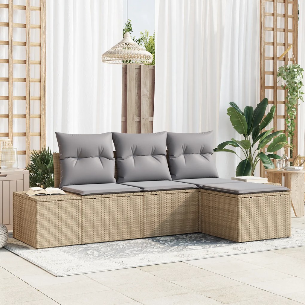 vidaXL Conjunto de Sofá de Jardim de 4 Peças com Almofadas Bege de Rattan