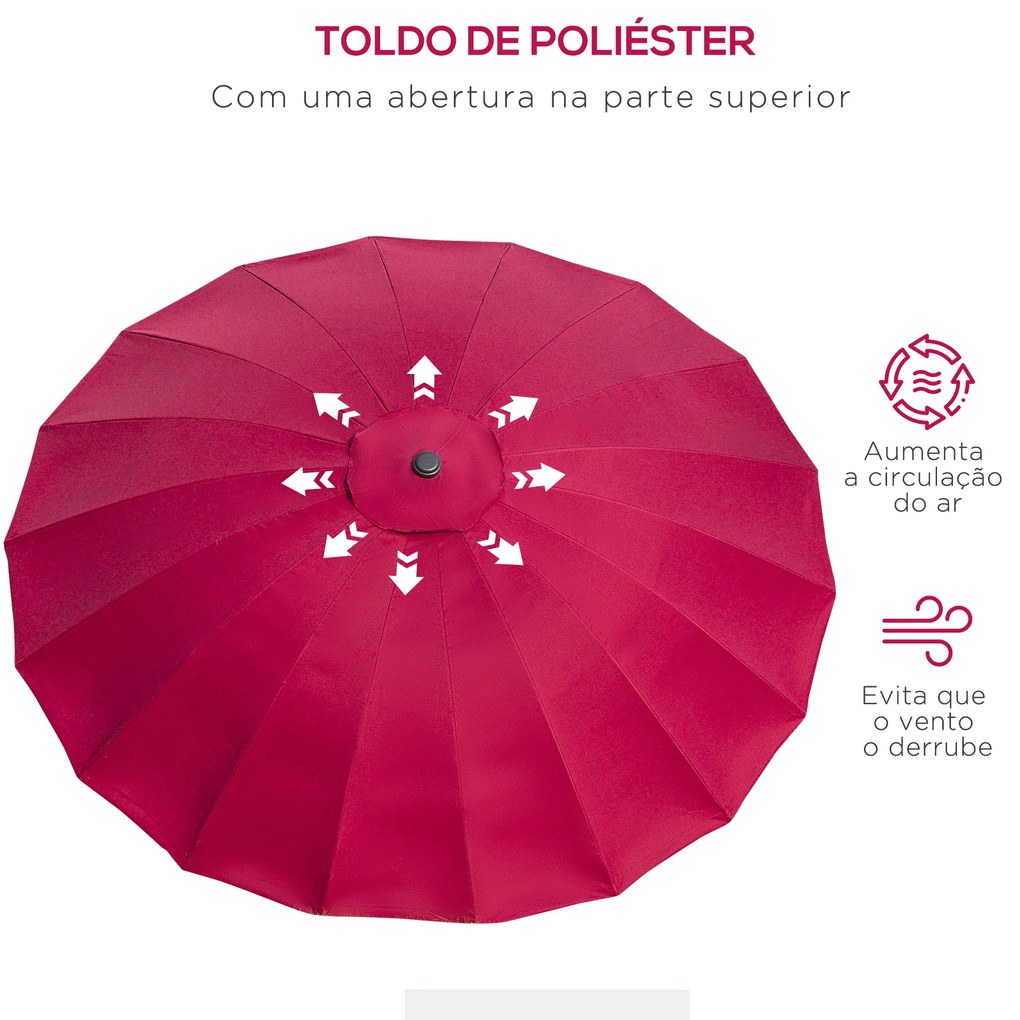 Chapéu de Sol de Jardim Ø2,5x2,4 m com Manivela Manual Mastro Flexível Impermeável e 18 Varas para Exterior Vinho